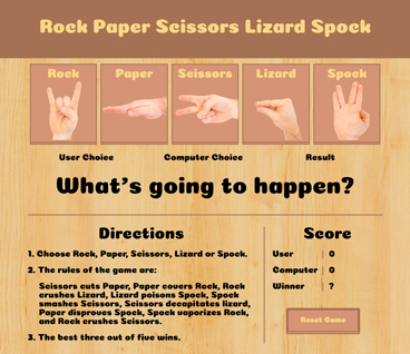 Screenshot of a website called Rock Paper Lizzard Spock